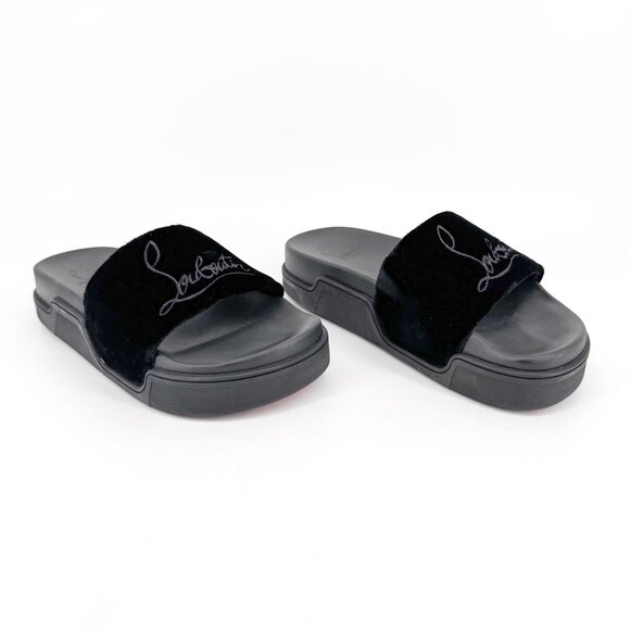 Christian Louboutin 'Navy Pool' Slide Sandals Size 37 US 7 Black Velvet Logo 27 - Picture 1 of 12